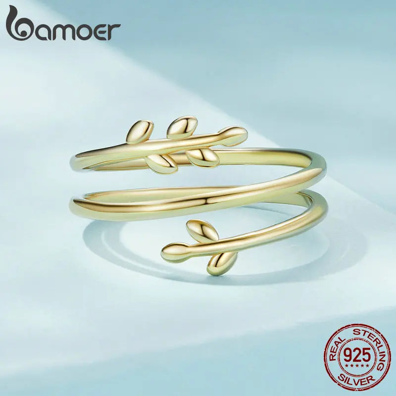 BAMOER Gold Plated Leaves Adjustable Ring,  S925 Silver Trendy Multilayer Leaf Open Ring for Women Fashion Jewelry Gift 2 Colors