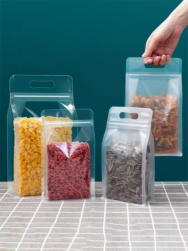 50Pcs Food Packaging Ziplock Bags Transparent with Handle Stand Up Sealed for Candy Nuts Storage Reusable Zip Lock Pouches