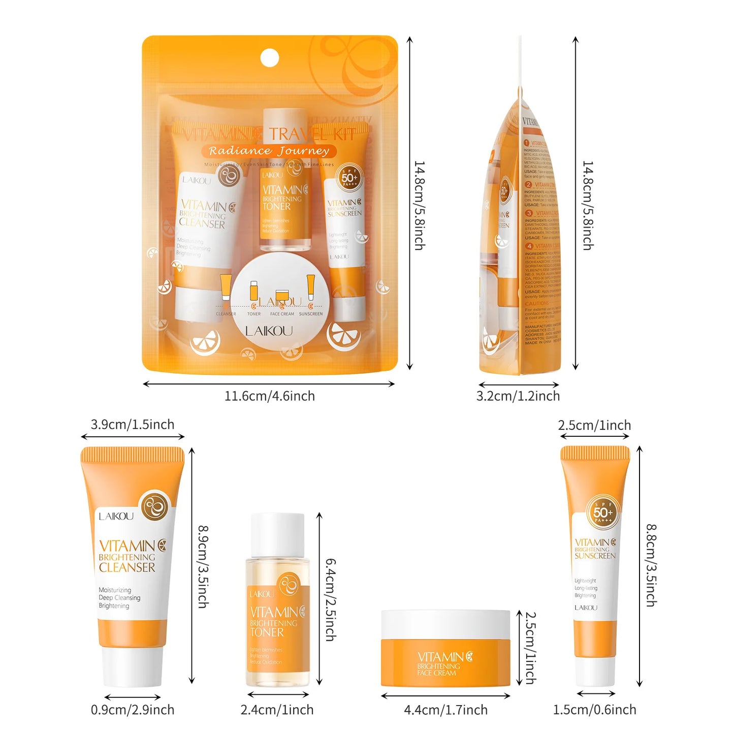 4pcs Vitamin C Skin Care Sets Face Cream Facial Cleanser Essence Spf 50+ VC Sunscreen Moisturizing Refresh Face Care travel Suit