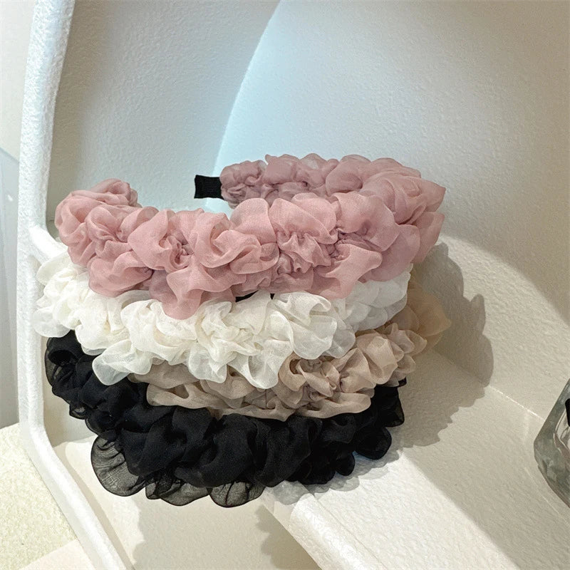 Mesh Yarn Pleated Headband Headpiece Women Organza Headband Pure Color Pleated Face Wash Headwear Versatile Hair Accessories