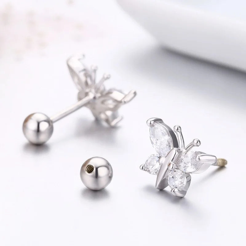 Cute 925 Sterling Silver Butterfly Pink CZ Screw Back Stud Earrings For Women Child Girls Kids Jewellery Orecchini Aros Aretes