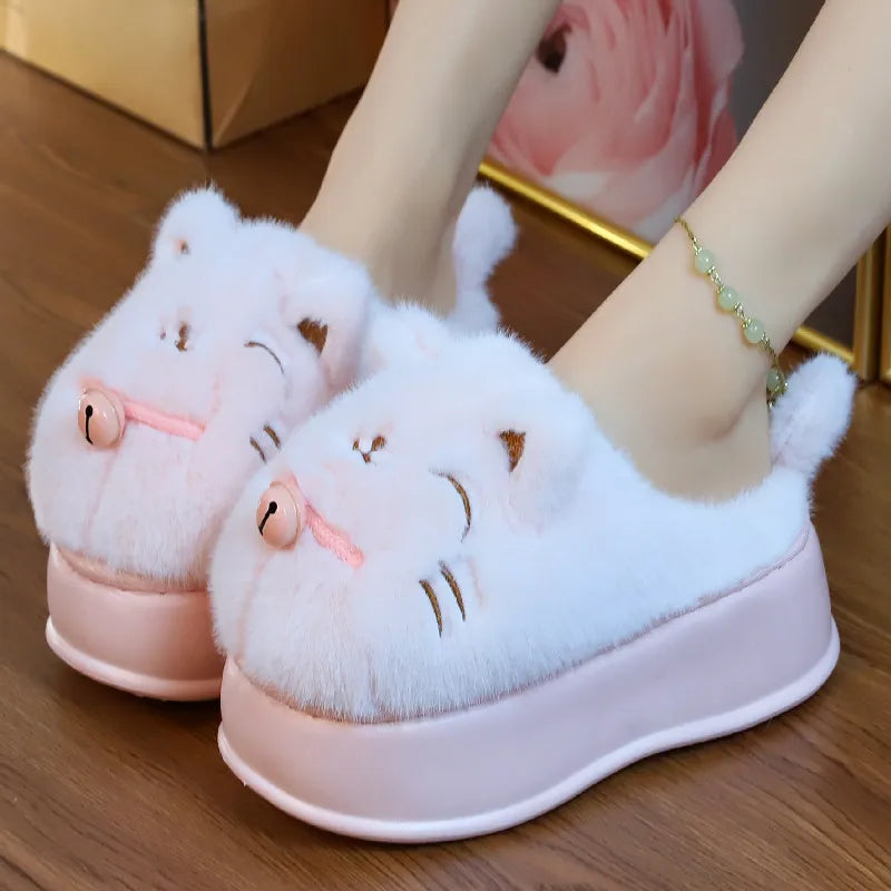 New high heel panda shoes women's winter loafer thick slippers woman fluffy slip on shoes ladies animal warm fuzzy home slipper