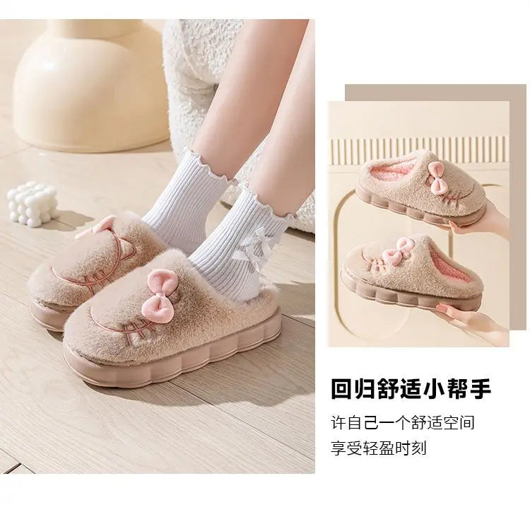 New green bow slippers winter women's 2024 shoes thick sole fuzzy slippers for home mules shoes woman fluffy metal house slipper
