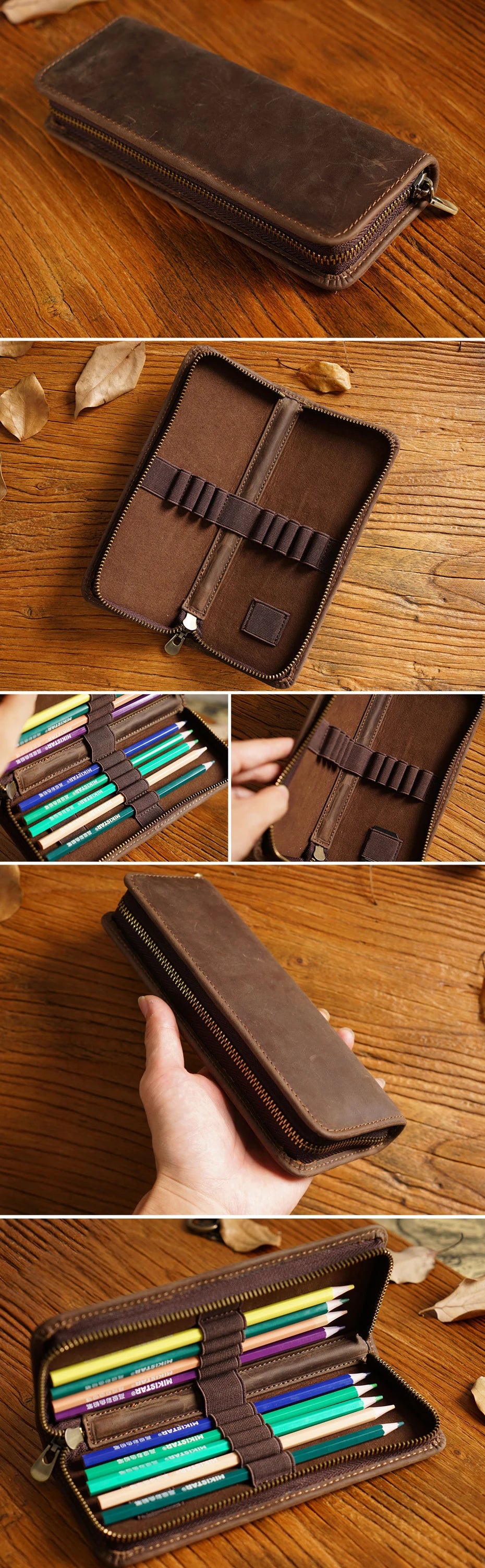 Genuine Leather Multi-functional Pencilcase with Pen Holder Organizer Zipper Pen Case Stationery