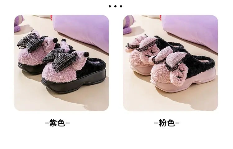New green bow slippers winter women's 2024 shoes thick sole fuzzy slippers for home mules shoes woman fluffy metal house slipper