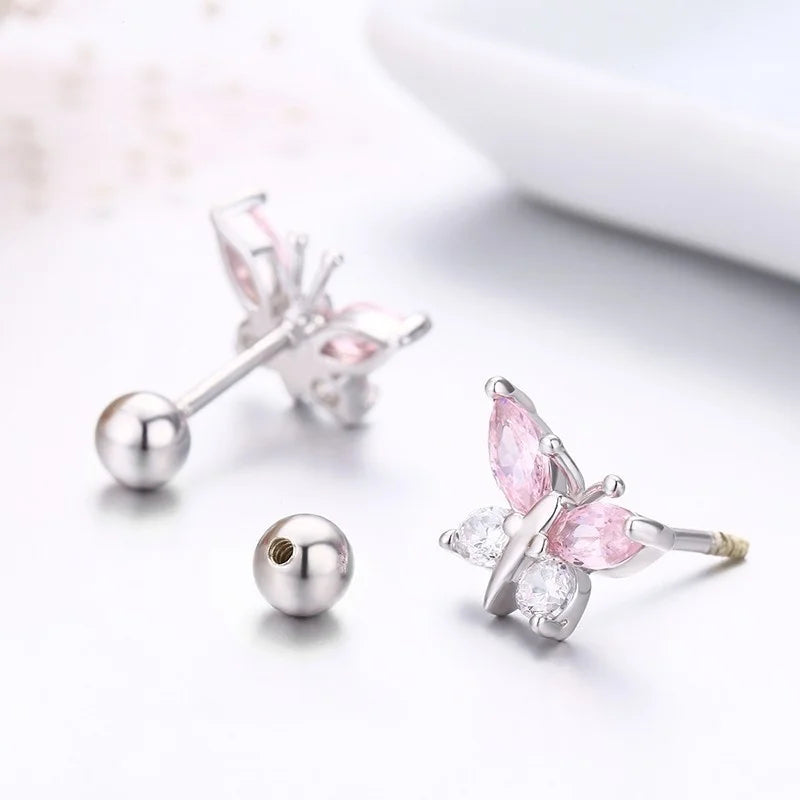 Cute 925 Sterling Silver Butterfly Pink CZ Screw Back Stud Earrings For Women Child Girls Kids Jewellery Orecchini Aros Aretes