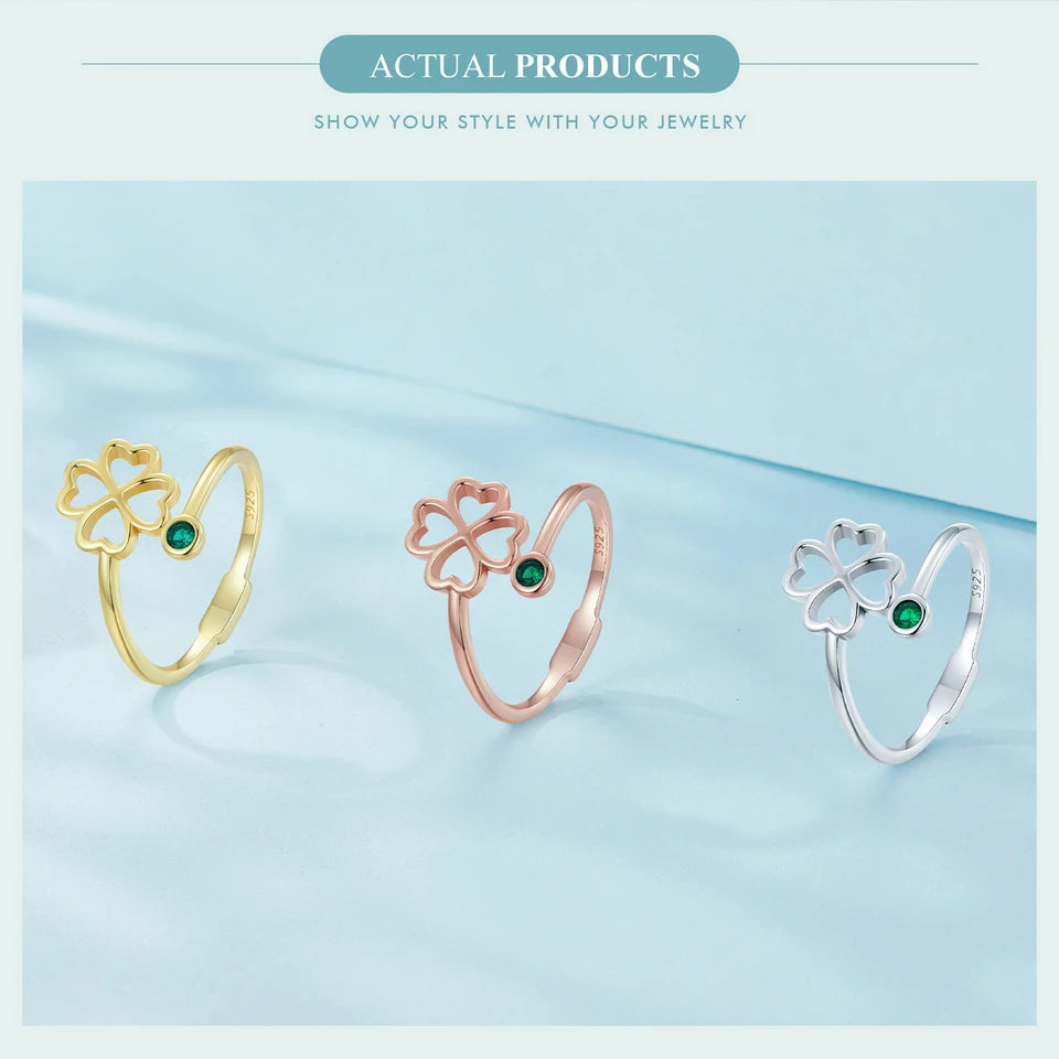 BAMOER 925 Sterling Silver Simple Four Leaf Clover Ring for Girl, Women 14K Gold Plated Promise Lucky Ring 3 Colors SCR843