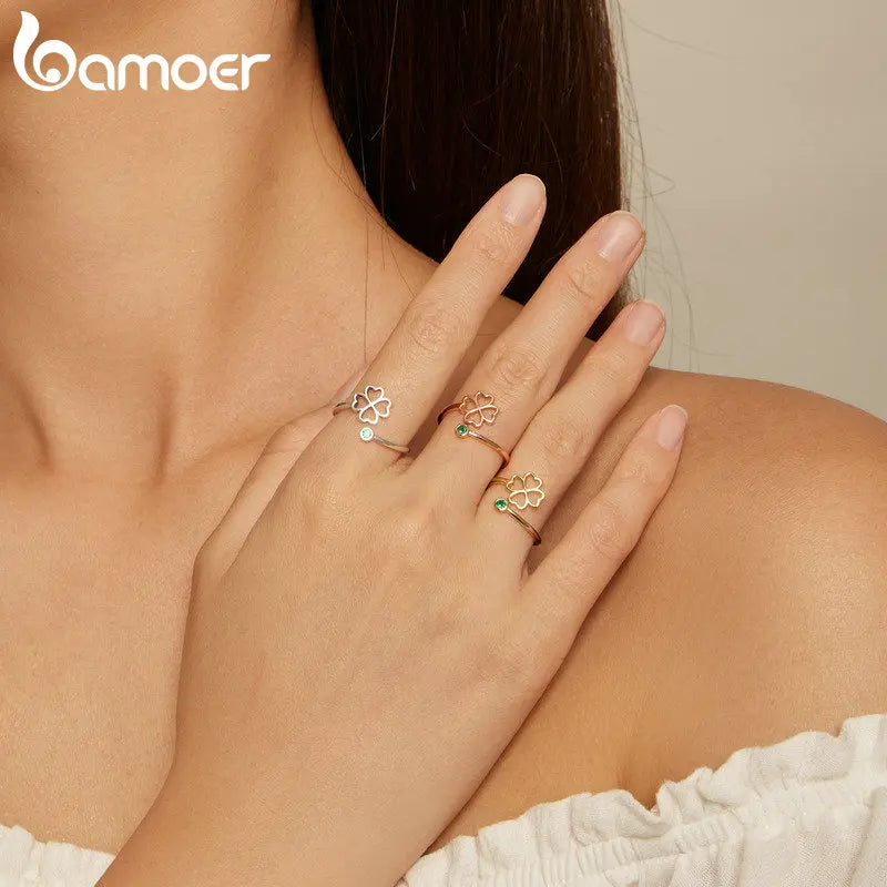 BAMOER 925 Sterling Silver Simple Four Leaf Clover Ring for Girl, Women 14K Gold Plated Promise Lucky Ring 3 Colors SCR843