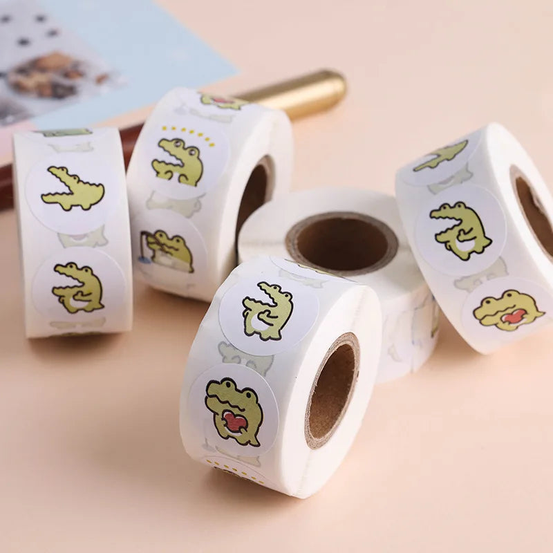 100-500 Pcs 2.5cm Cute Animal Crocodile Stickers Roll for Envelope Praise Reward Student Kid Work Label Stationery Seal Label