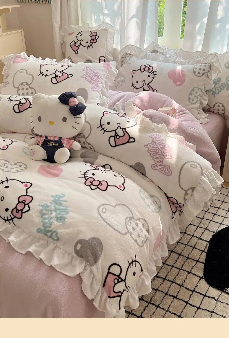 Sanrio Hello Kitty Kuromi cartoon cute warm plus velvet lace four-piece set creative student children's bed sheet quilt cover