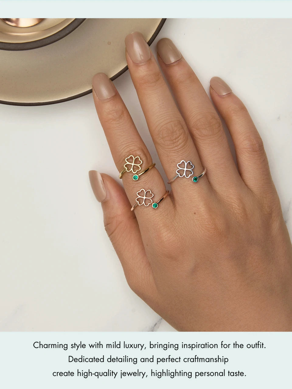BAMOER 925 Sterling Silver Simple Four Leaf Clover Ring for Girl, Women 14K Gold Plated Promise Lucky Ring 3 Colors SCR843