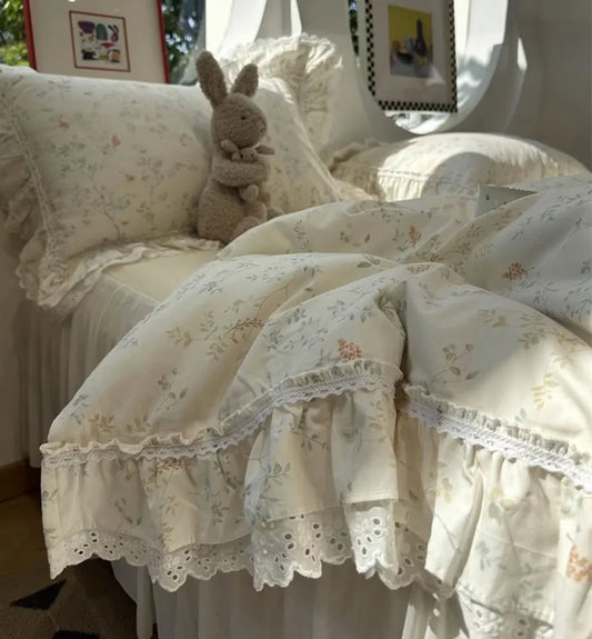 Romantic sweet fairyfair lace floral bedding set,twin full queen rustic cotton home textile bed sheet pillowcase quilt cover