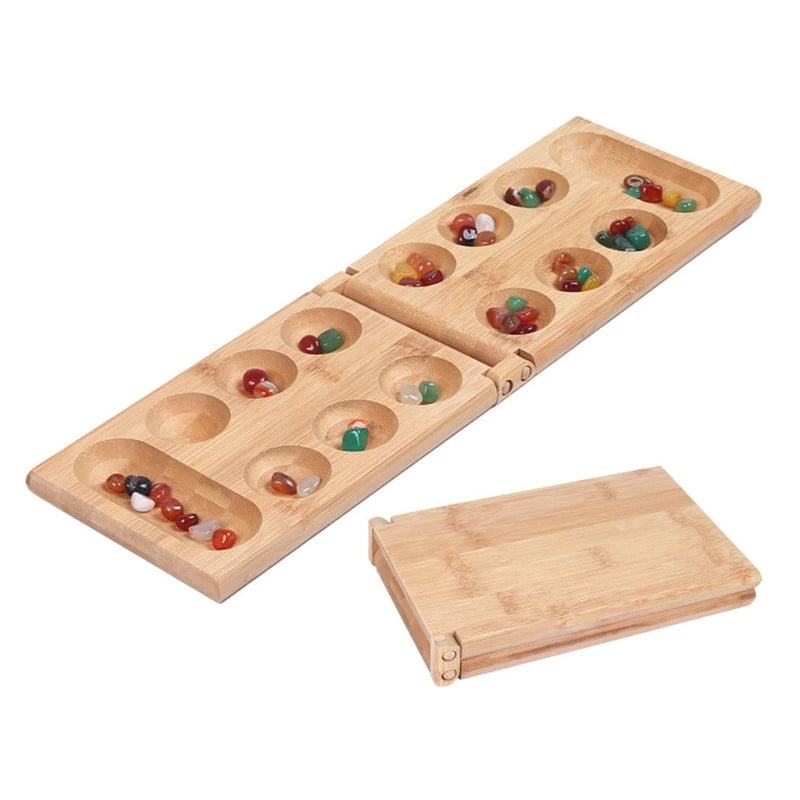 Mancala Board Games with Colorful Stones Pebbles Pebbles Folding Wooden Board Chess Set Kids Interaction Puzzle Children Toys