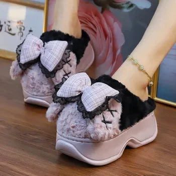 Pink clog slippers with fur slides women's indoor kawaii bowknot mules woman winter 6 cm platform  fluffy home slippers ladies