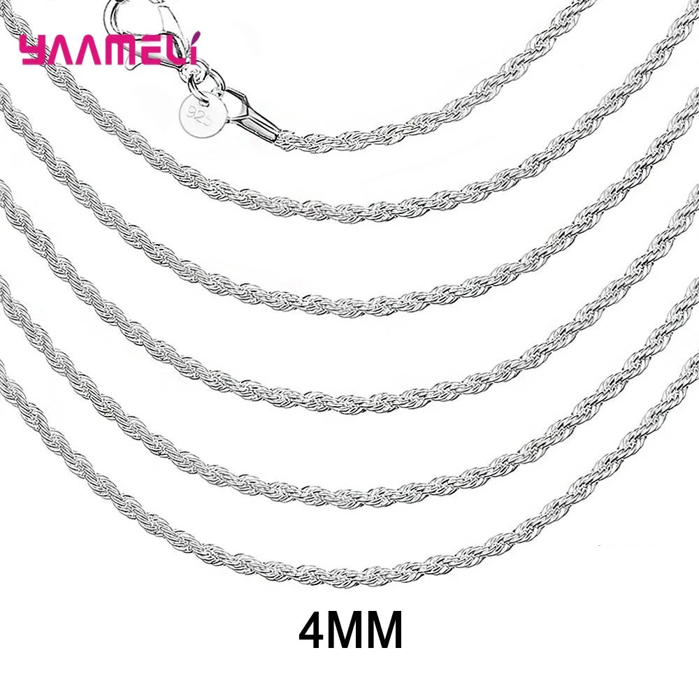 Top Sale Real Pure 925 Sterling Silver Necklace Jewelry Chain for Men Women 2MM 3MM 4MM Width Twisted Rope with Lobster Clasps