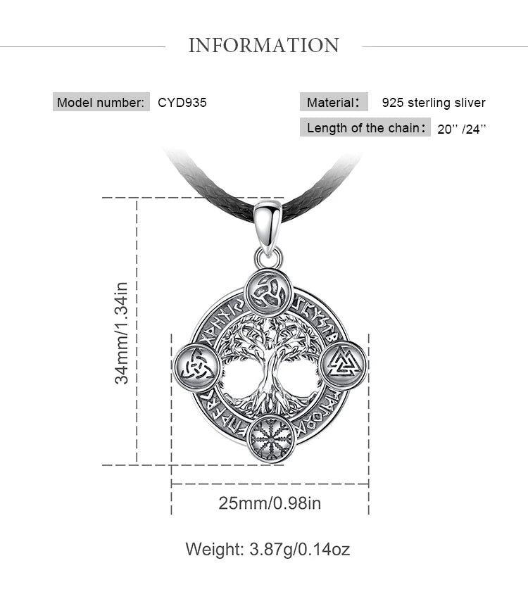 Eudora 925 Sterling Silver Tree of Life Necklace  Norse runes Hexe Celtic Knoten Yggdrasil Amulett Pendant Man Viking Jewelry