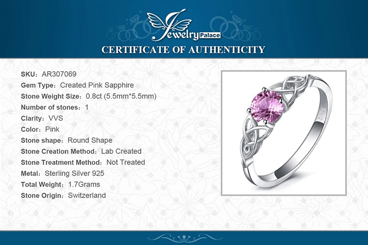 JewelryPalace Celtic Knot Created Pink Sapphire 925 Sterling Silver Ring for Women Promise Engagement Ring Fine Jewelry Gift