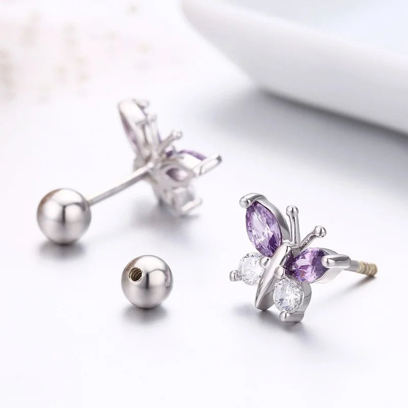 Cute 925 Sterling Silver Butterfly Pink CZ Screw Back Stud Earrings For Women Child Girls Kids Jewellery Orecchini Aros Aretes
