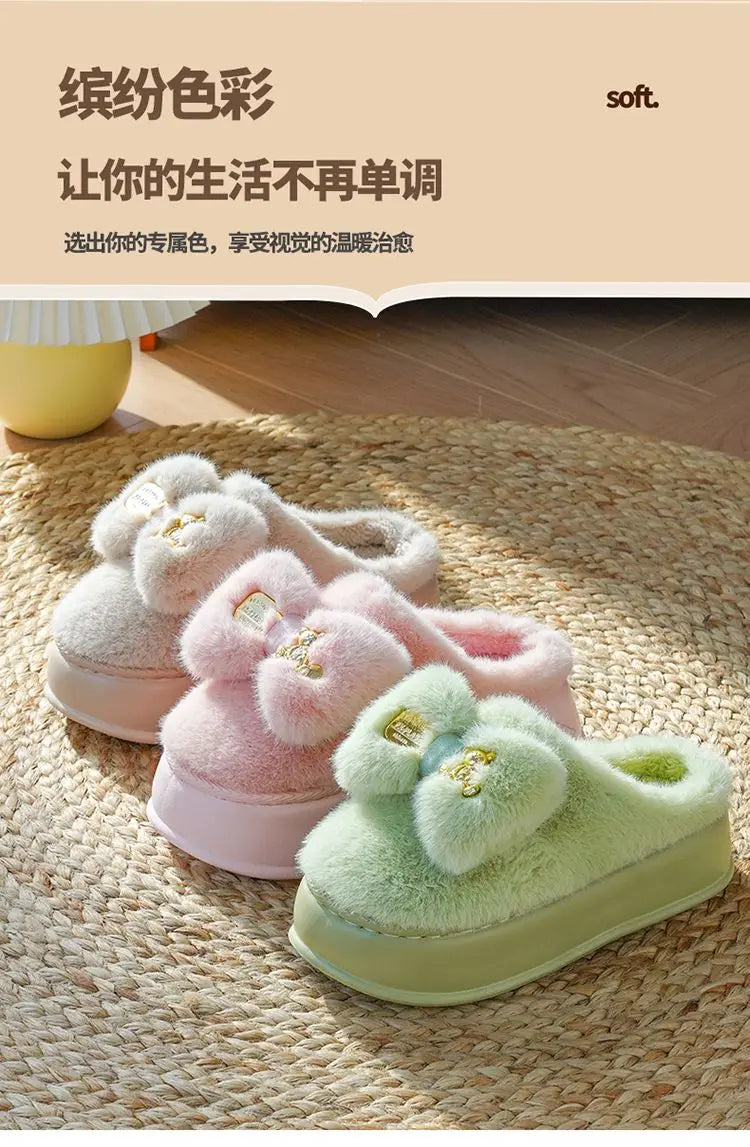 Pink clog slippers with fur slides women's indoor kawaii bowknot mules woman winter 6 cm platform  fluffy home slippers ladies