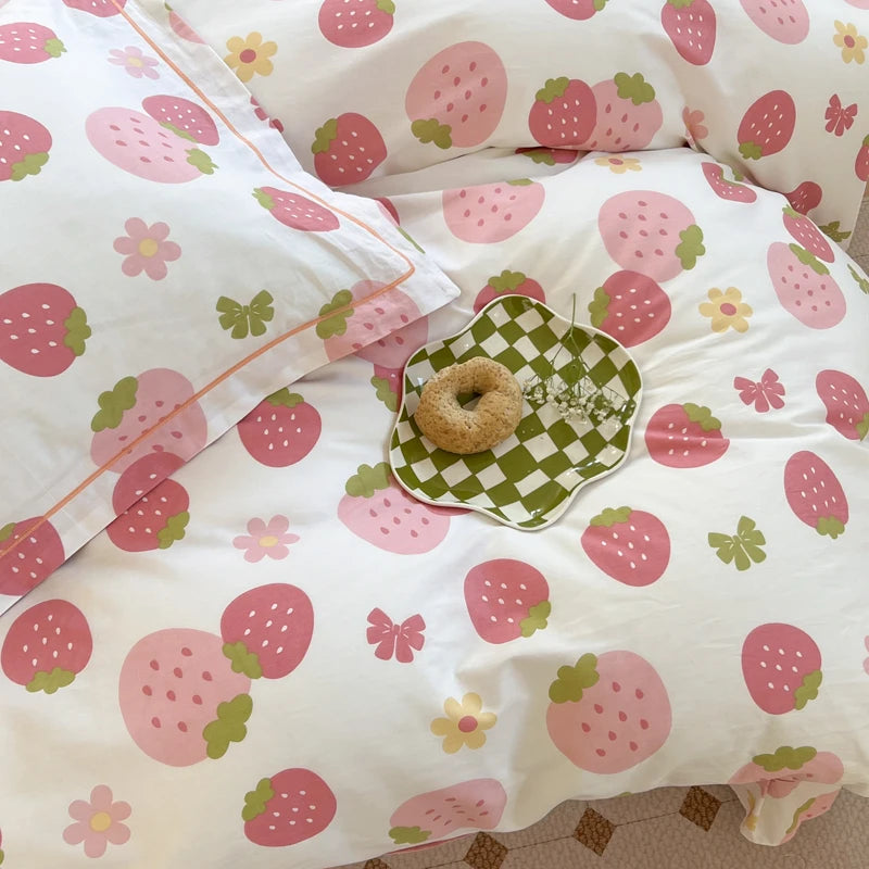 Kawaii Pink Strawberry Duvet Cover Set NO Filler Fashion Bed Sheets Full Queen Size Luxury Home Bedding for Girls Bedclothes