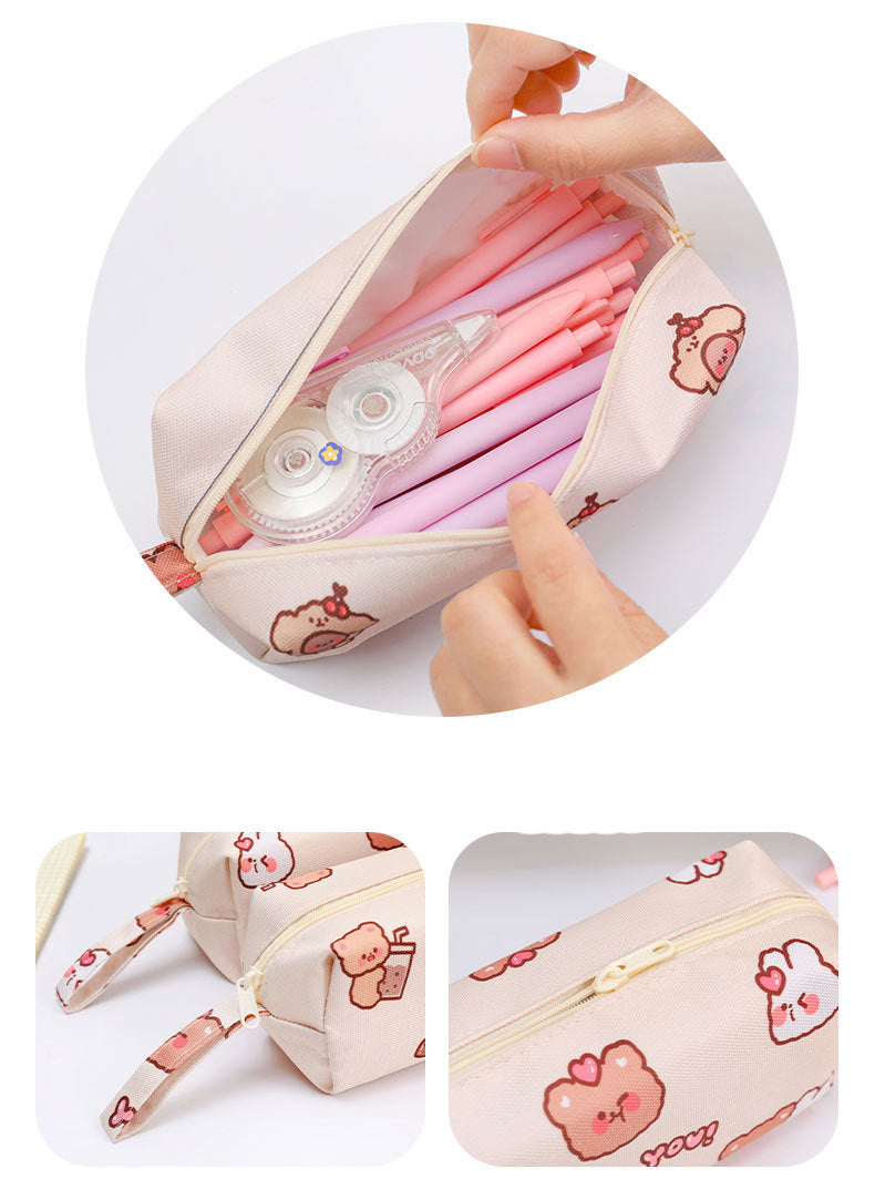 Cartoon Little Bear Canvas Pencil Case Student Ins Girl Heart Large Capacity Pencil Case Desktop Stationery