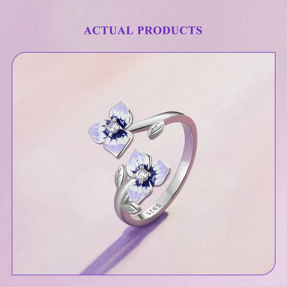 WOSTU 925 Stelring Silver Purple Pansy Flower Open Rings For Women Wedding Party Statement Stackable Butterfly Ring Holiday Gift