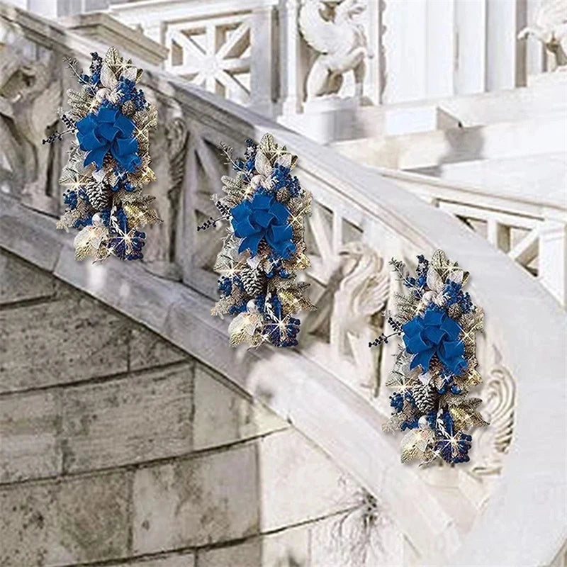 Christmas Swag Wreath Pendants LED Lights Staircase Wreath Ornament Swag Trim Garland Door Window Decoration Party Supplies