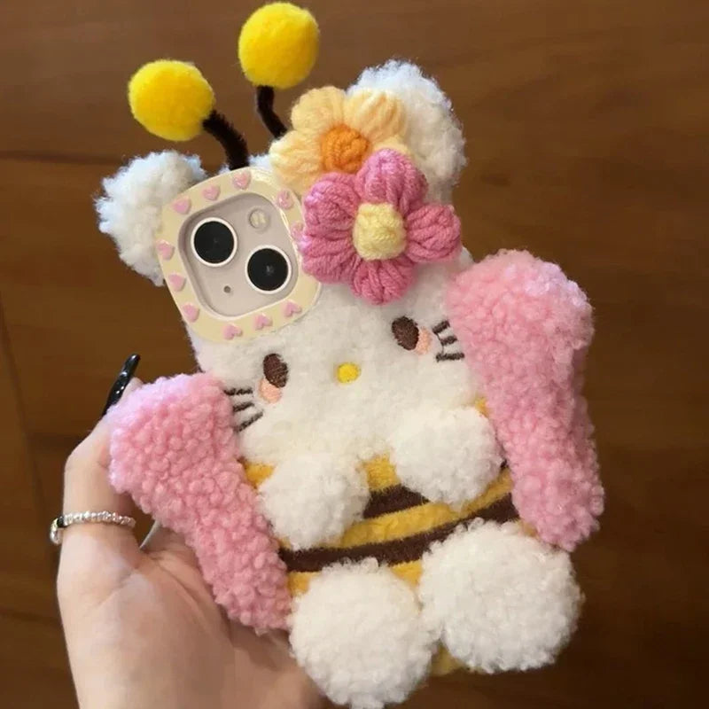 Plush Hello Kitty Bee  Phone Case Cartoon Sanrio peripheral Iphone1514131211 Pro Max Case Cute 3D Warm Shockproof Drop Case