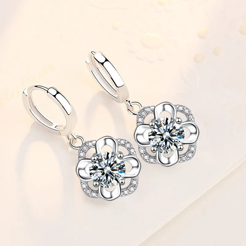 925 Sterling Silver New Woman Fashion Jewelry High Quality Blue Crystal Zircon Flower Earrings Hot Selling Earrings