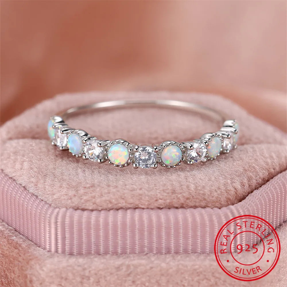 Single Row White Zircon Round Opal Ring Real 925 Sterling Silver Engagement Ring For Women Wedding Band Jewelry