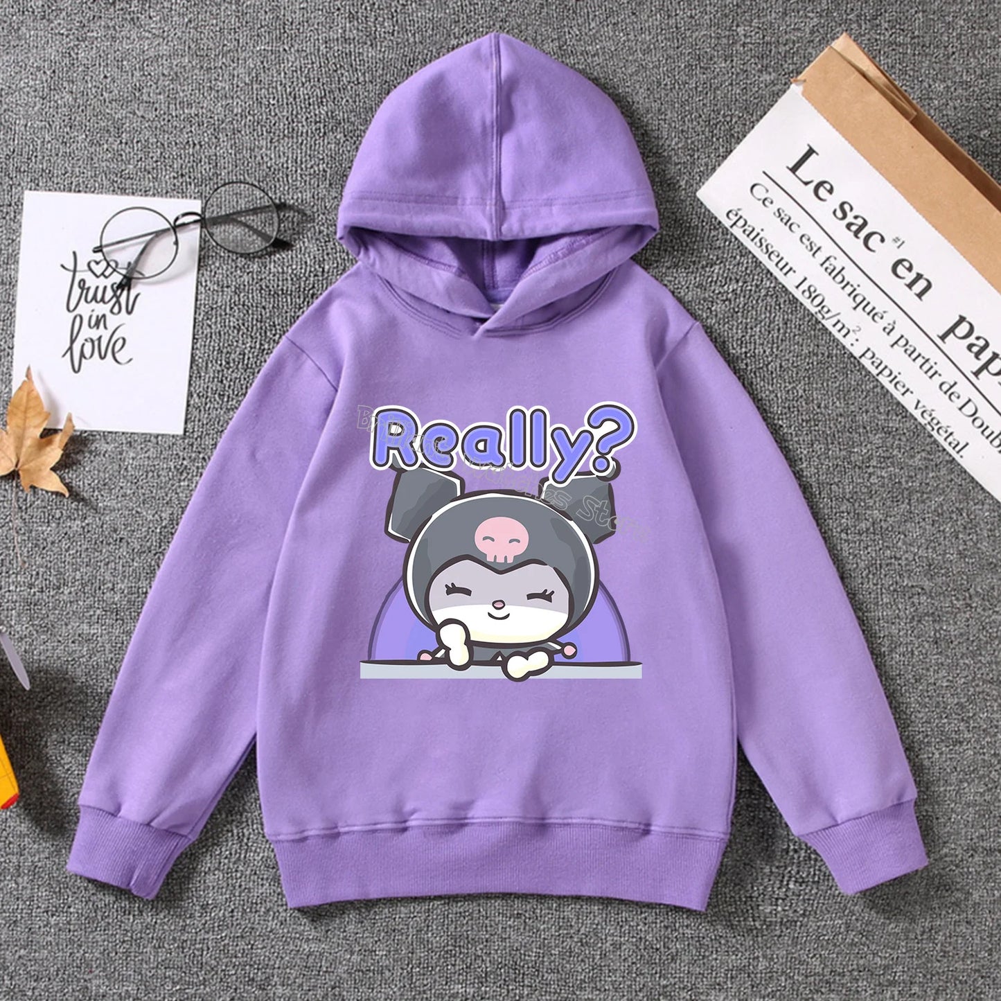 Kuromi Thin Hoodie for Children Cute Sanrio Cartoon Clothing Girls Trendy Clothes Purple Sweatshirt Fashion Long Sleeve Top Gift