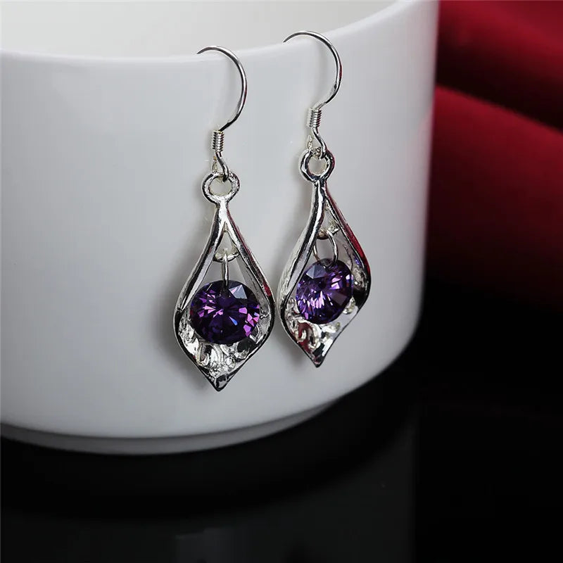 Pure 925 Sterling Silver Earrings Fashion Jewelry Elegant Woman Crystal Amethyst Shell Earrings Engagement Christmas Gifts