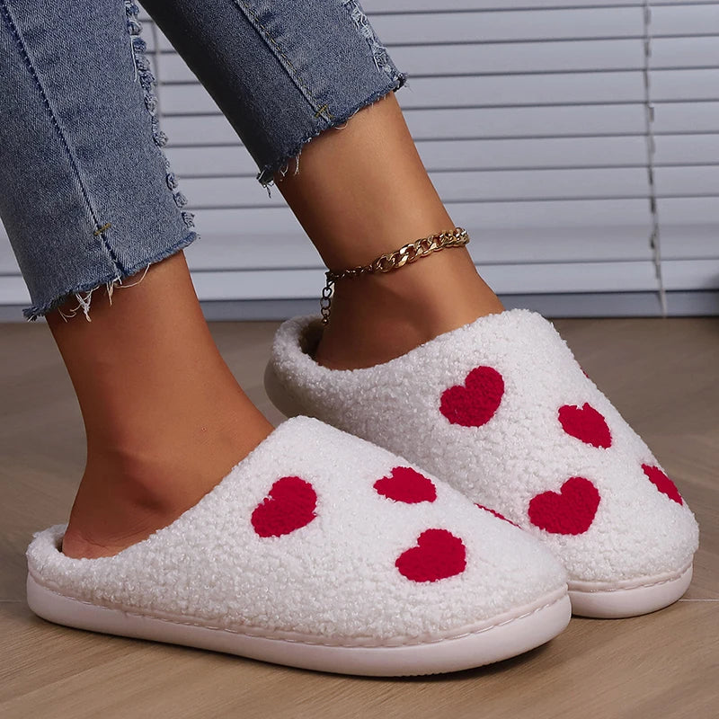 Lucyever Women's Warm Lambswool Slippers Heart Printed Plush Home Slippers Shoes for Women Non Slip Soft Bottom Slides Ladies