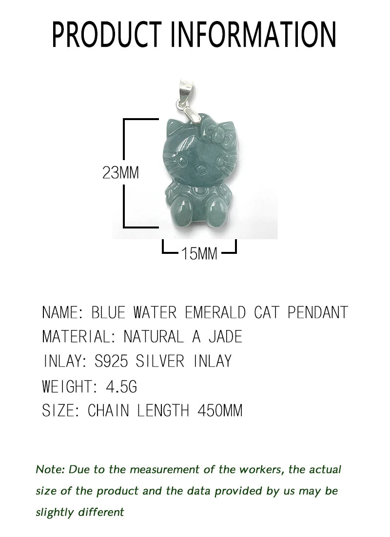 Natural A Cargo Blue Water Jade S925 Silver Inset Cartoon Cat Pendant High Jewelry Amulet Women's Necklace Luxury Holiday Gift