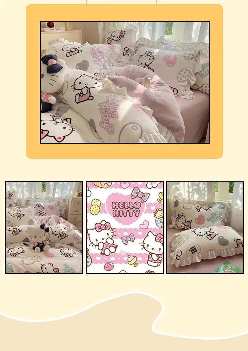 Sanrio Hello Kitty Kuromi cartoon cute warm plus velvet lace four-piece set creative student children's bed sheet quilt cover