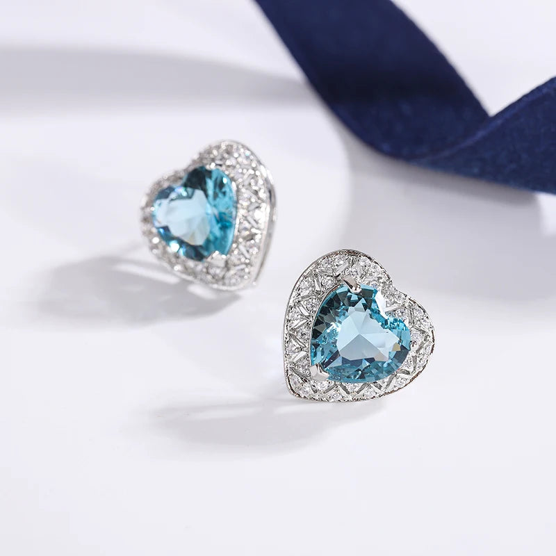 Stylish 925 Silver Plated Earrings for Women Beautiful Heart Shape Women's Shiny AAAA Women's Blue Zircon Korean Earrings