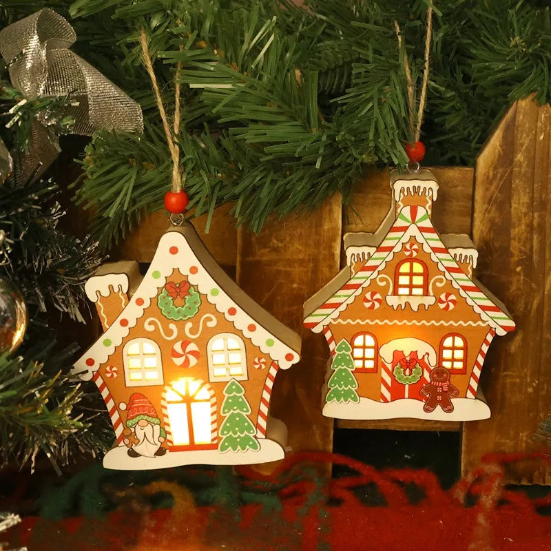 Christmas Night Lights Wooden House Pendant Gingerbread Man Hanging Ornaments for Home Party Xmas Trees Decoration Holiday Light