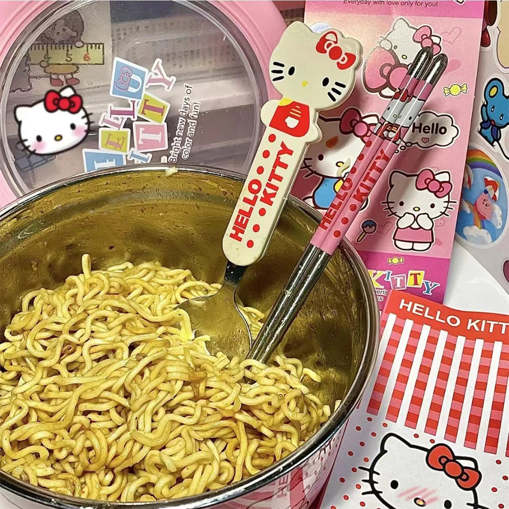 Sanrio Hello Kitty Stainless Steel Ramen Bowl With Lid Cute Large Instant Noodles Fruit Salad Rice Soup Bowl Kitchen Tableware