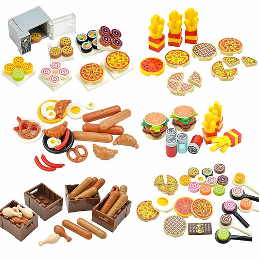 City Mini Food Toys Building Blocks Hamburger Fries Bread Pizza Cake Dessert Food Chocolate Fish Cookies MOC Bricks Kids Gift
