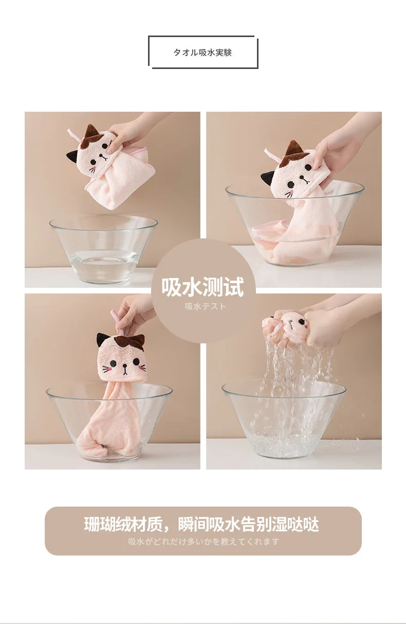 Coral Velvet Pocket Cat Embroidered Hand Towel Bathroom Hanging Absorbent Towel Kitchen Bathroom Square Towel