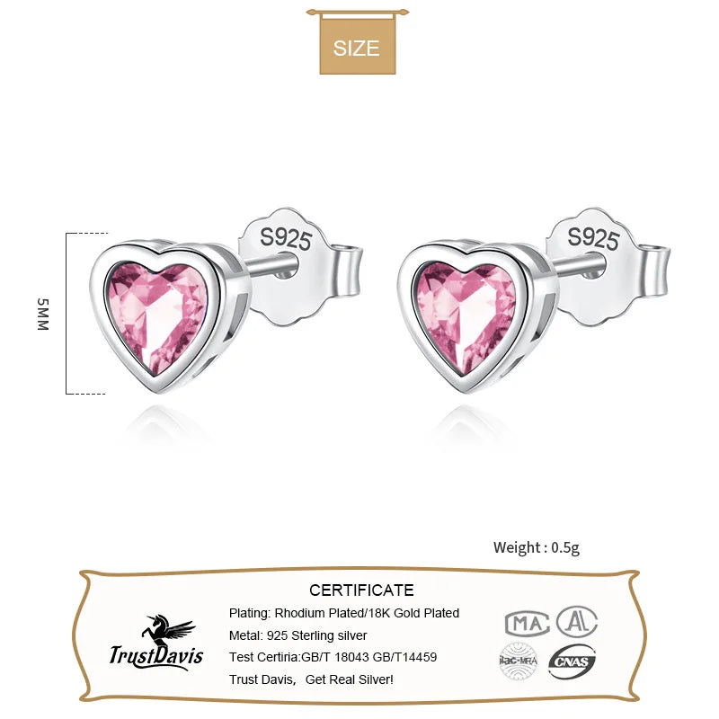 TrustDavis Real 925 Sterling Silver Earring Fashion Romantic Heart CZ Stud Earrings For Daughter Girls Fine S925 Jewelry DE0038