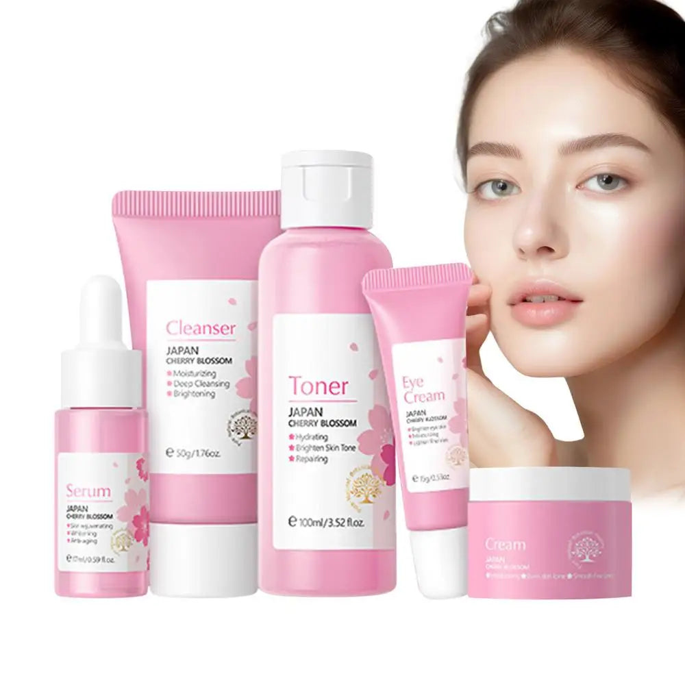 5pcs Japan Sakura Essence Face Cream Cherry Blossom Facial Cream Moisturizing Anti Wrinkle Anti Aging Korean Skin Care set