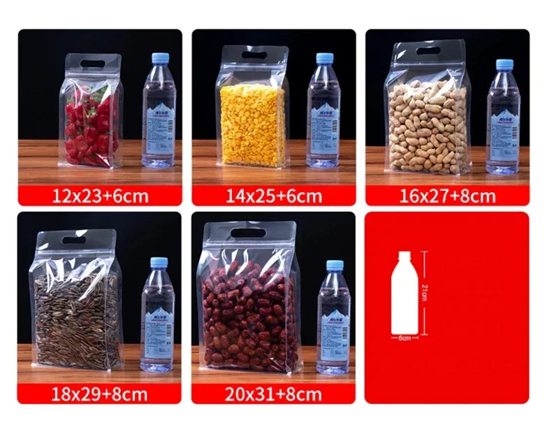 50Pcs Food Packaging Ziplock Bags Transparent with Handle Stand Up Sealed for Candy Nuts Storage Reusable Zip Lock Pouches