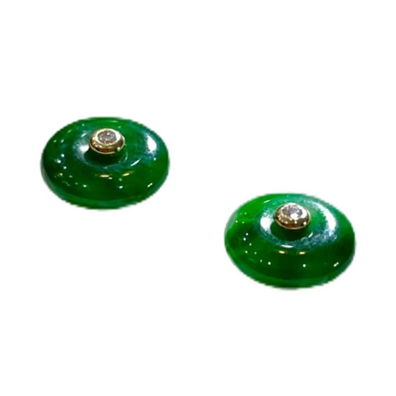 New In Natural Hotan Jade Green Round stud earings vintage Silver Inlaid earrings for women Classical Simple Party  jewelry