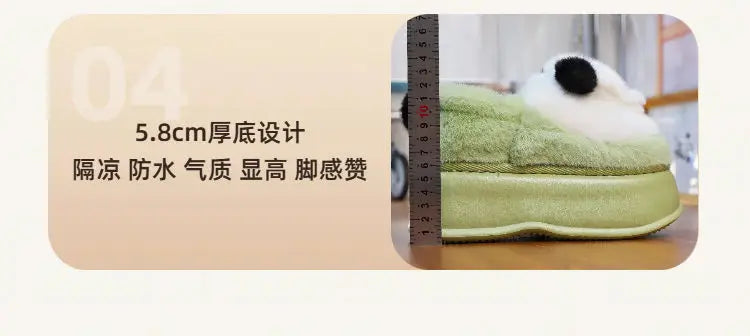 New high heel panda shoes women's winter loafer thick slippers woman fluffy slip on shoes ladies animal warm fuzzy home slipper