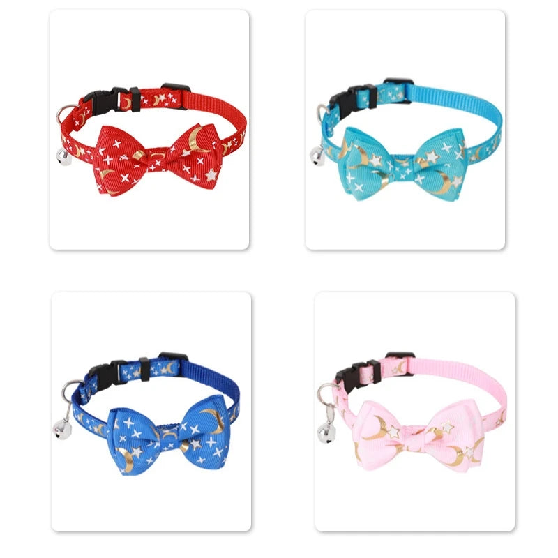 Cat Bow Bell Collar Hot Stamping Woven Stars and Moon Pattern Removable Bow Cat Puppy Collar Adjustable Dog Collar