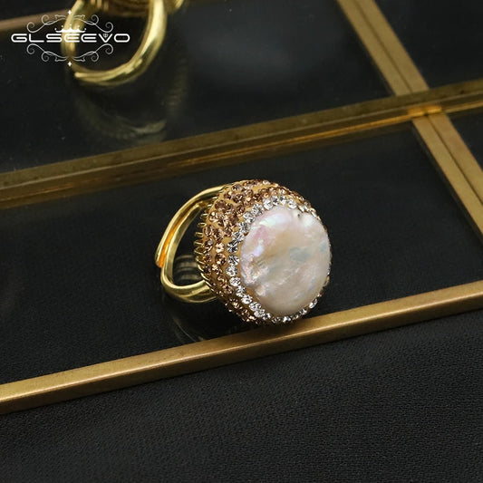 GLSEEVO Baroque Freshwater Pearl Rings for Women Personalized Fashion Elegant Luxury Simple Ladies Banquet Exquisite Jewelry