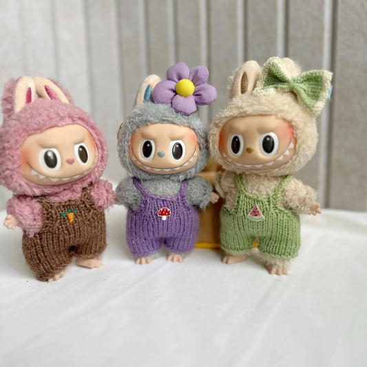 17cm Plush Doll's Clothes The Monster Labubu Outfit Accessories Clothing DIY Kids Gift Sweater Overalls With Hair Clips FJ16B