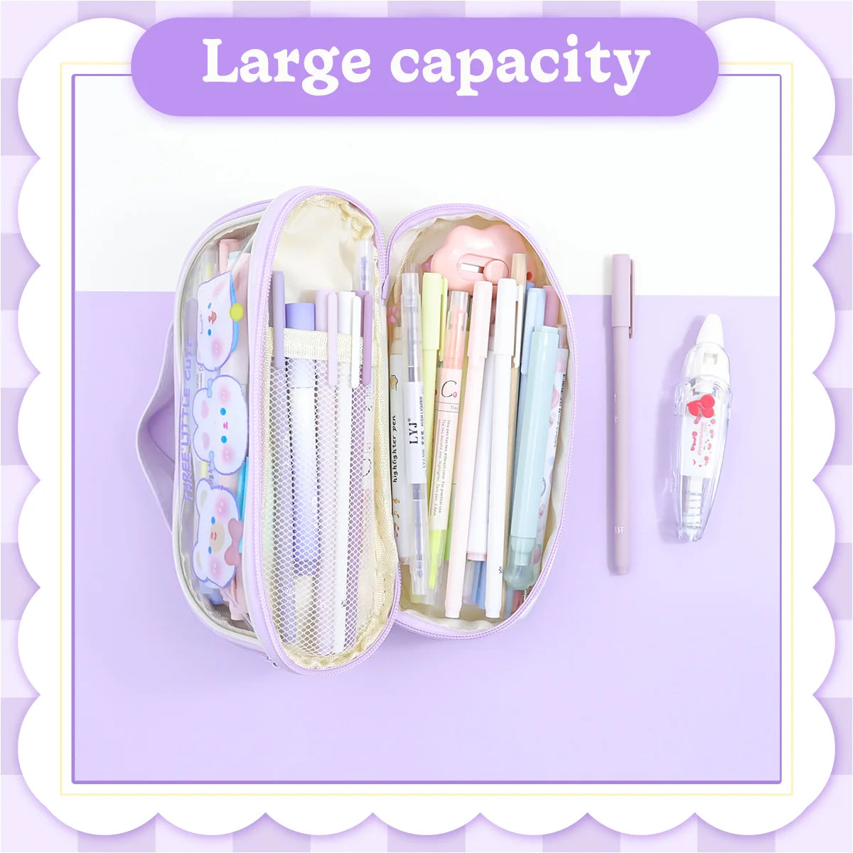 Kawaii Pencil Case Double Layer Large Capacity Pen Bag Cartoon Portable Box School Student Supplies Stationary Organizer