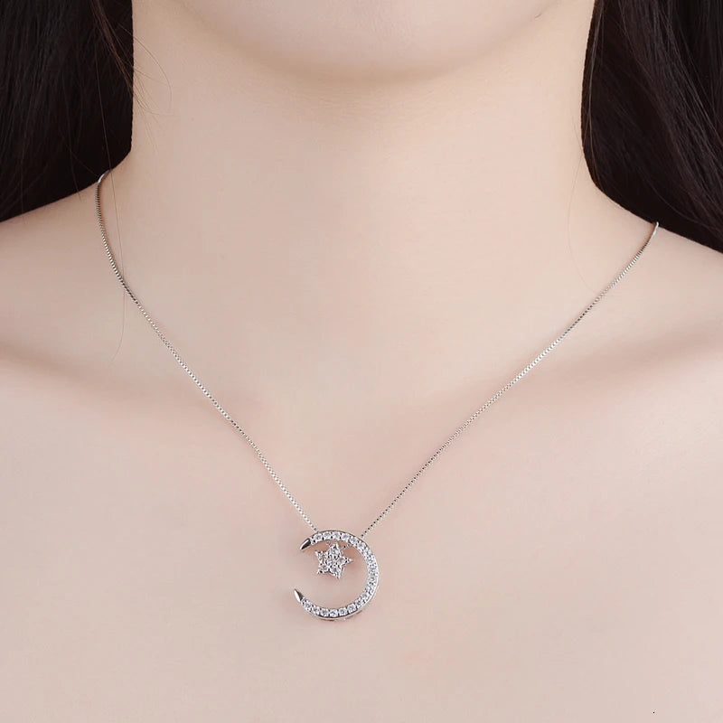 925 Sterling Silver Moon Star Pendant Necklaces With Austrian Crystal For Women 4 Ways To Wear Necklace Gifts Sn06